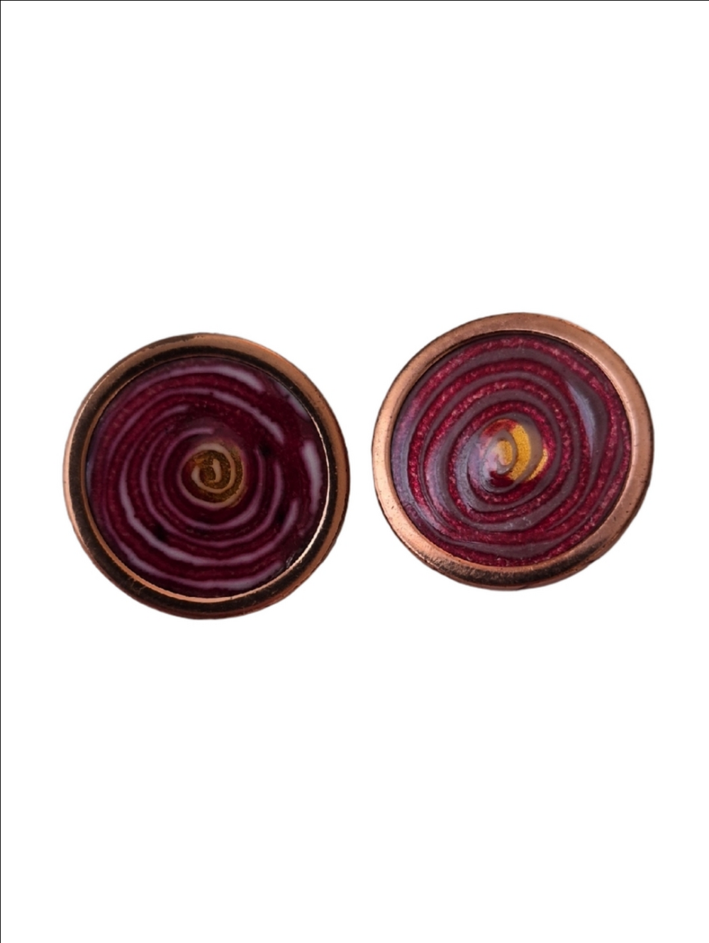 1950s Vintage Renoir Modernist Copper Round Swirl Clip On Earrings  Berry Red